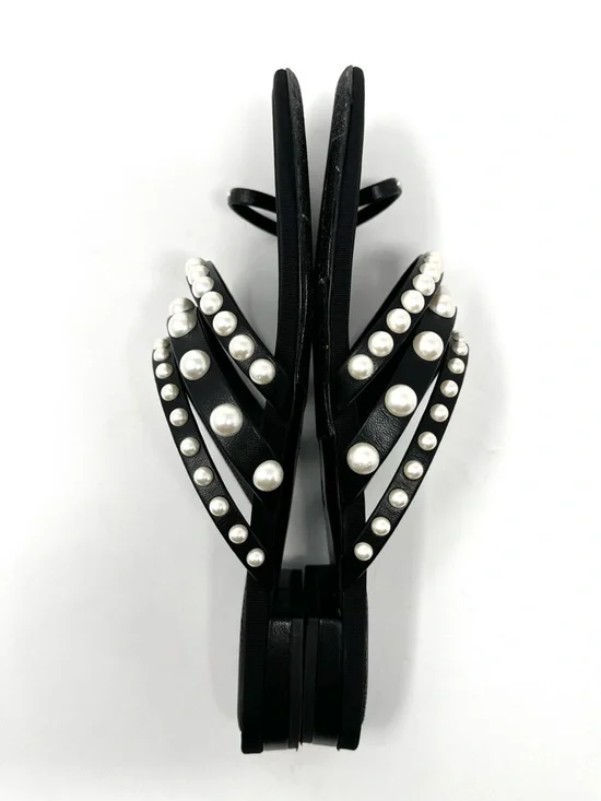 Chanel CC Logo Black Leather White Pearl Pearls Flat Strappy Sandals Slides 39.5 - Picture 5 of 9
